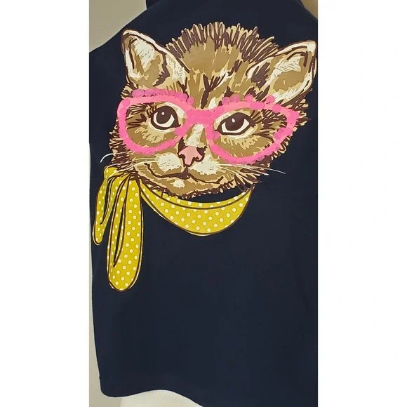 Kids Navy Blue Cat Graphic T-Shirt Size L/G 10-12 Pink Glasses Yellow Scarf - Picture 3 of 8